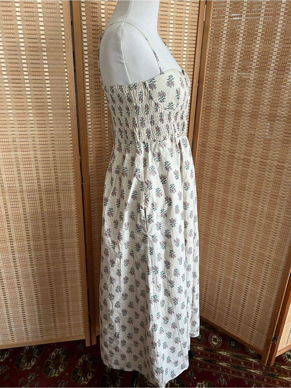 NWT AUREUM Ivory Floral Smoked Bustier Midi Dress Cottagecore Sundress with Pock - Picture 5 of 10